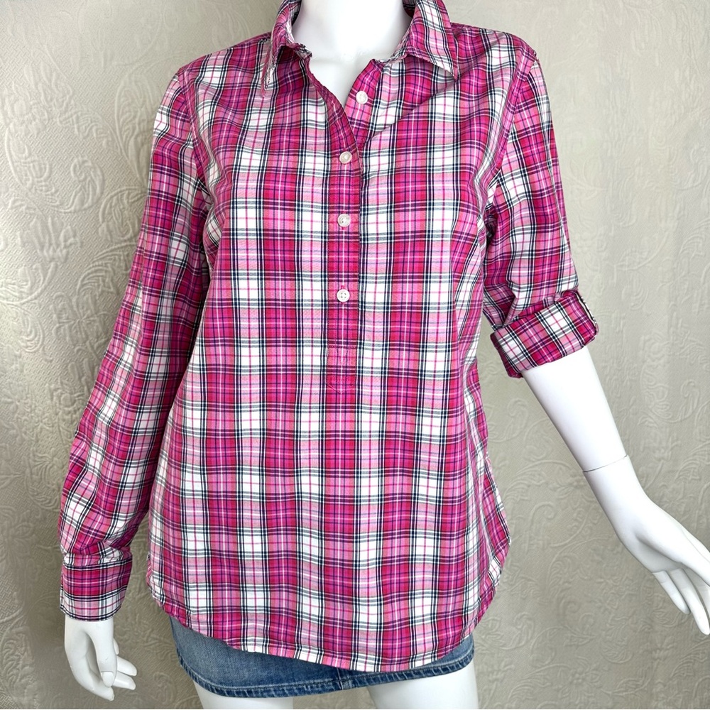Vineyard Vines Pink Plaid Half Button Cotton Popover Top